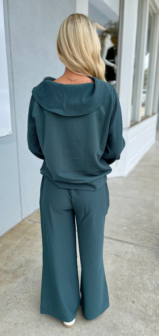 Ribbed High Neck Half Zip Top & Pants SET, Ash Jade
