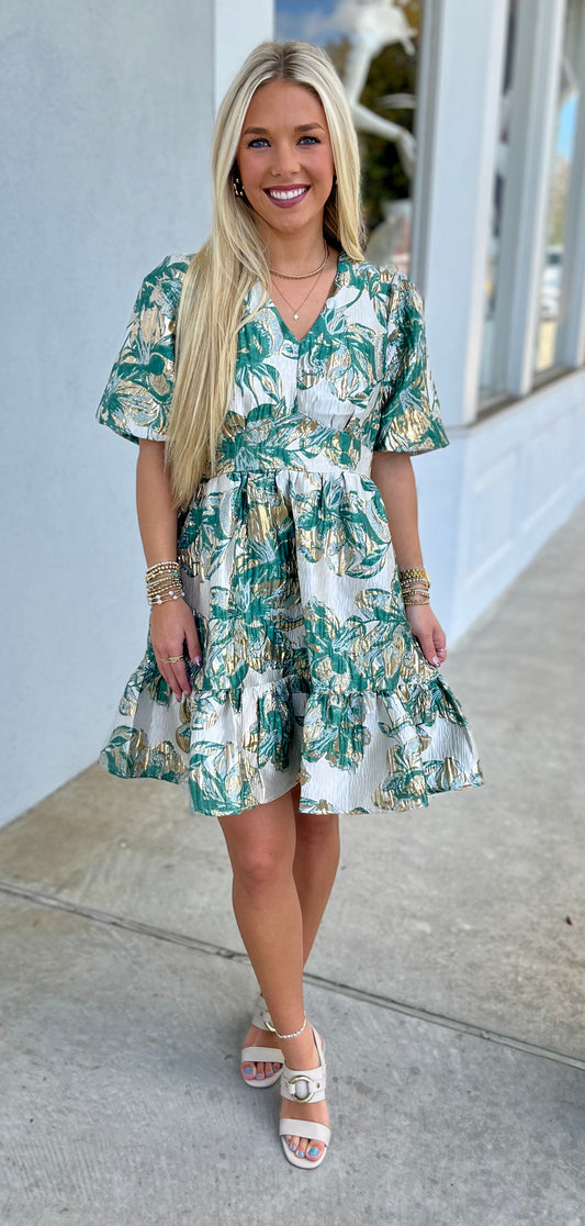 Jacquard Puff Sleeve V Neck Dress , Green/Gold