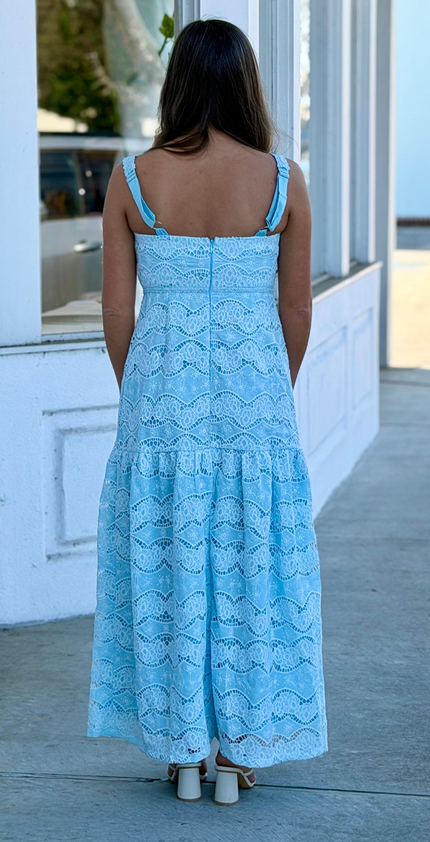 Lt Blue Floral Crochet Lace Maxi Dress