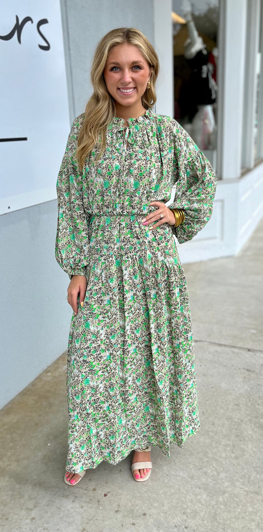 Green Floral Print Long Sleeve Maxi Dress