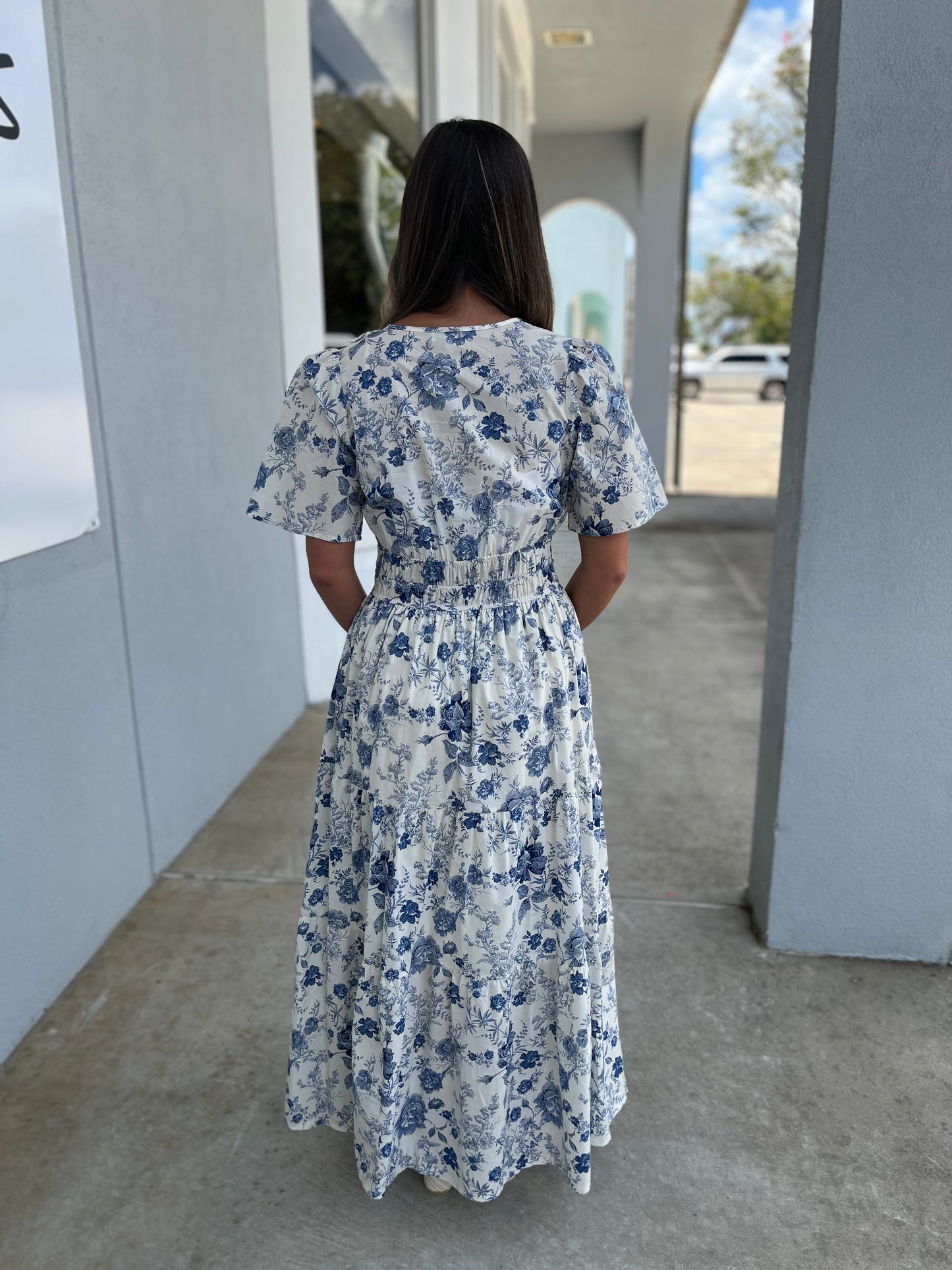 Blue Half Sleeve Woven Print Tiered Maxi