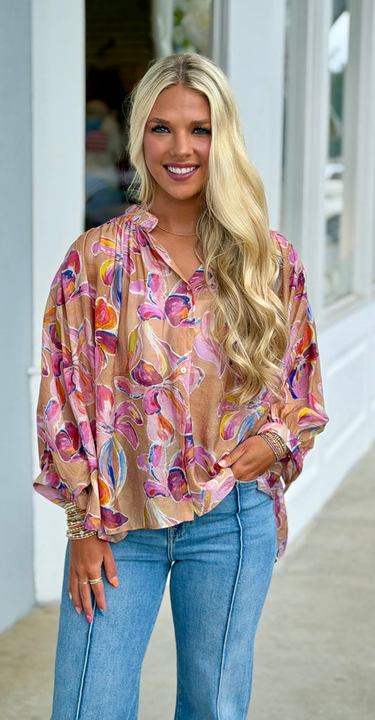 Coral Flower Print Button Down Blouse