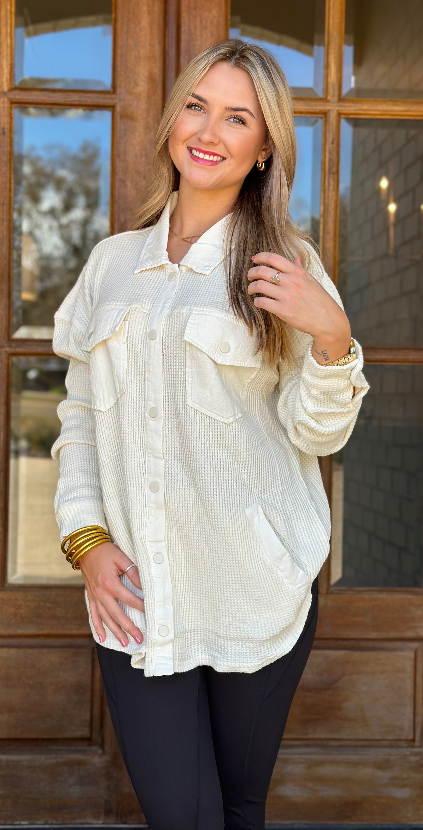 Mineral Washed Waffle Shacket, Cream