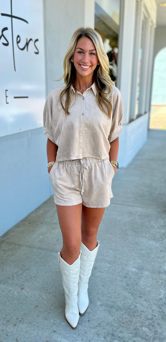 Ecru Suede Button Down Cropped Short Set