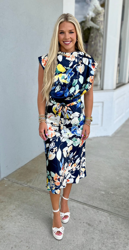 Navy Mock Neck Sleeveless Midi Dress