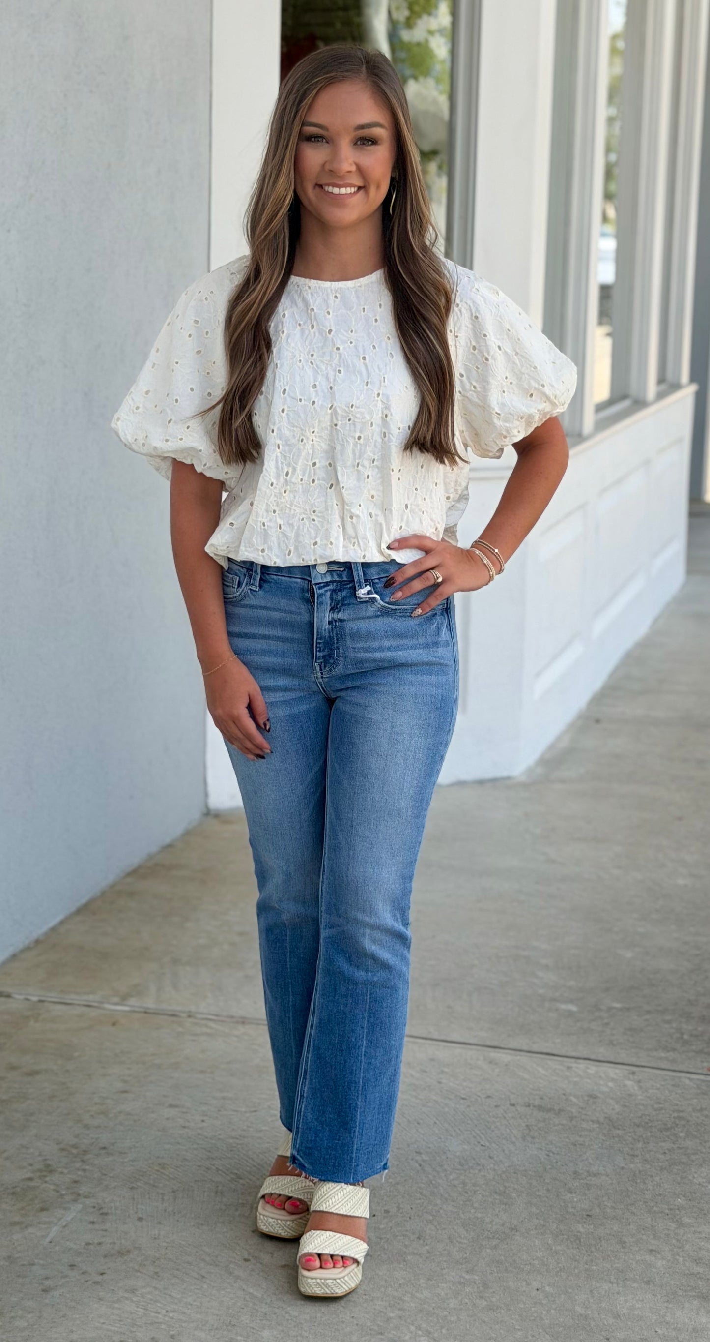 Cream Embroidered Eyelet Bubble Blouse