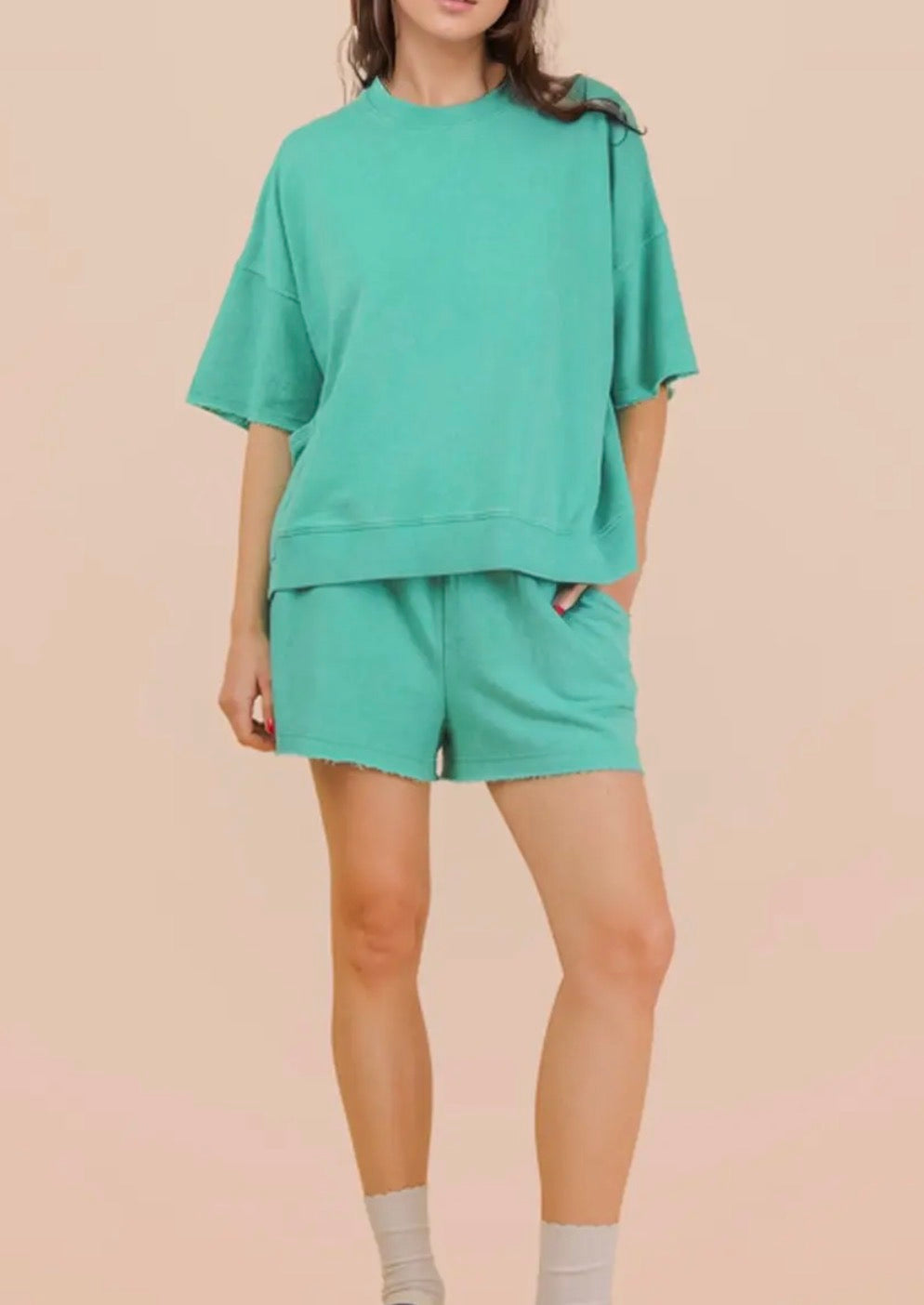 PLUS Mineral Washed Knit Casual Top & Shorts, Seafoam