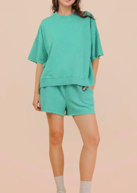 PLUS Mineral Washed Knit Casual Top & Shorts, Seafoam