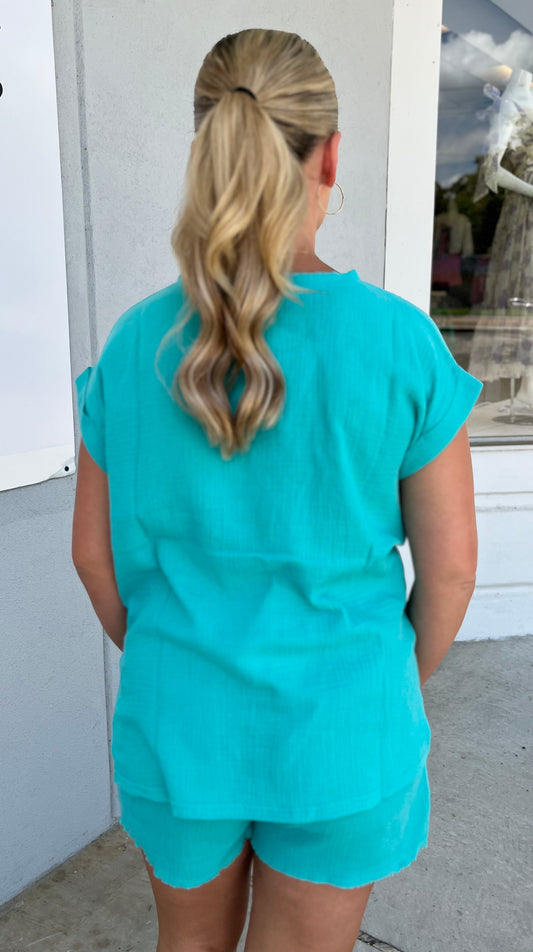 Gauze Round Neck Top, Turquoise