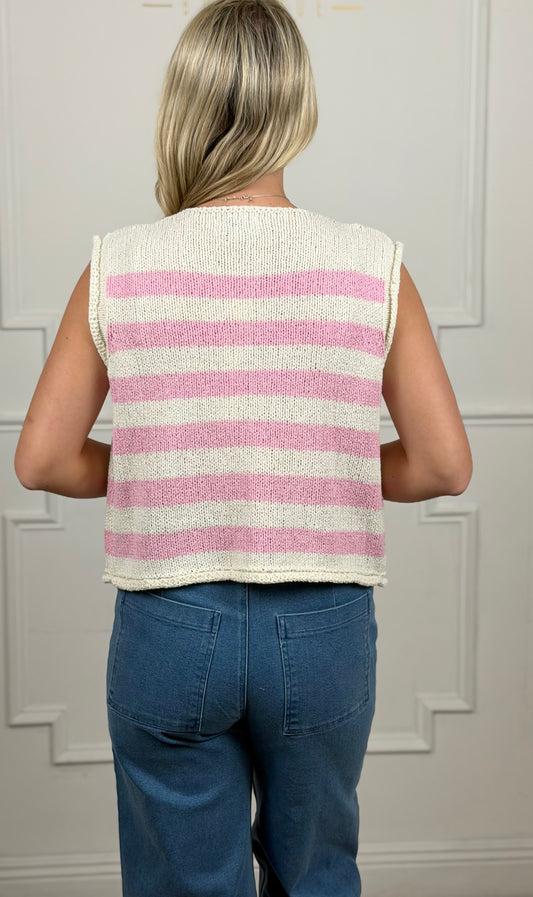 Pink Striped Button Down Sweater Vest