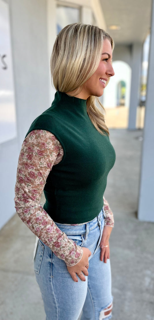 High Neck Sweater Top , Green
