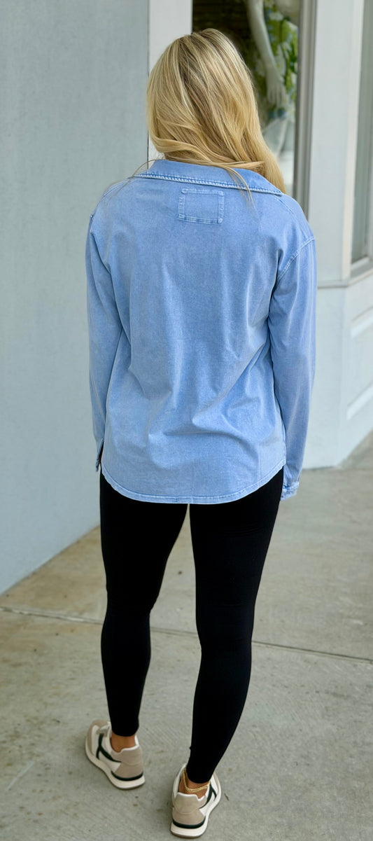 Mineral Washed Knit Collar Top, Blue