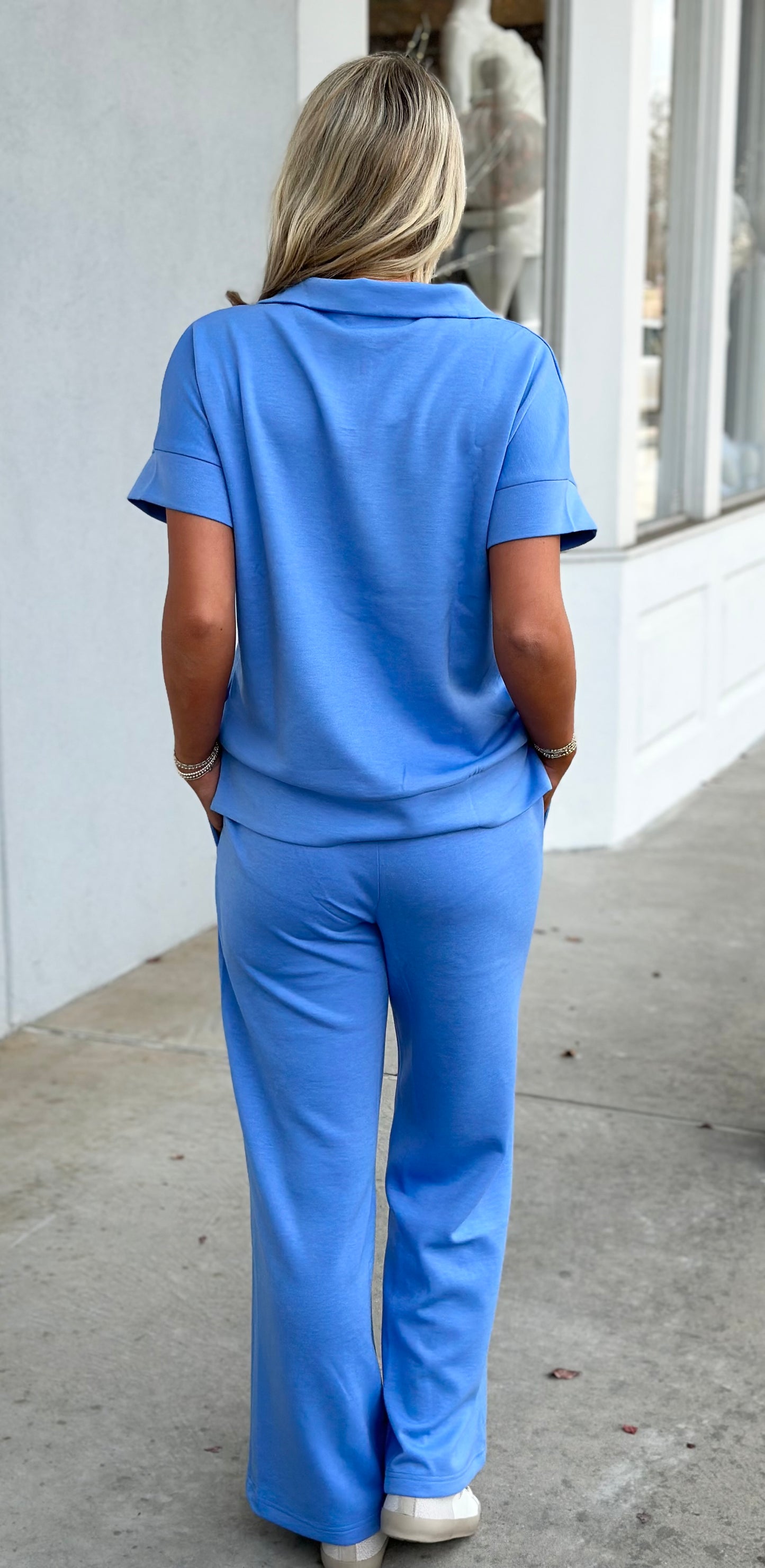 Scuba Half Zip SS Top & Pants Set, Cornflower Blue