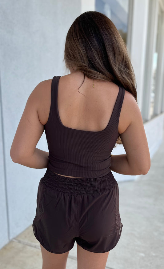 Square Neck Ribbed Crop Top, Espresso
