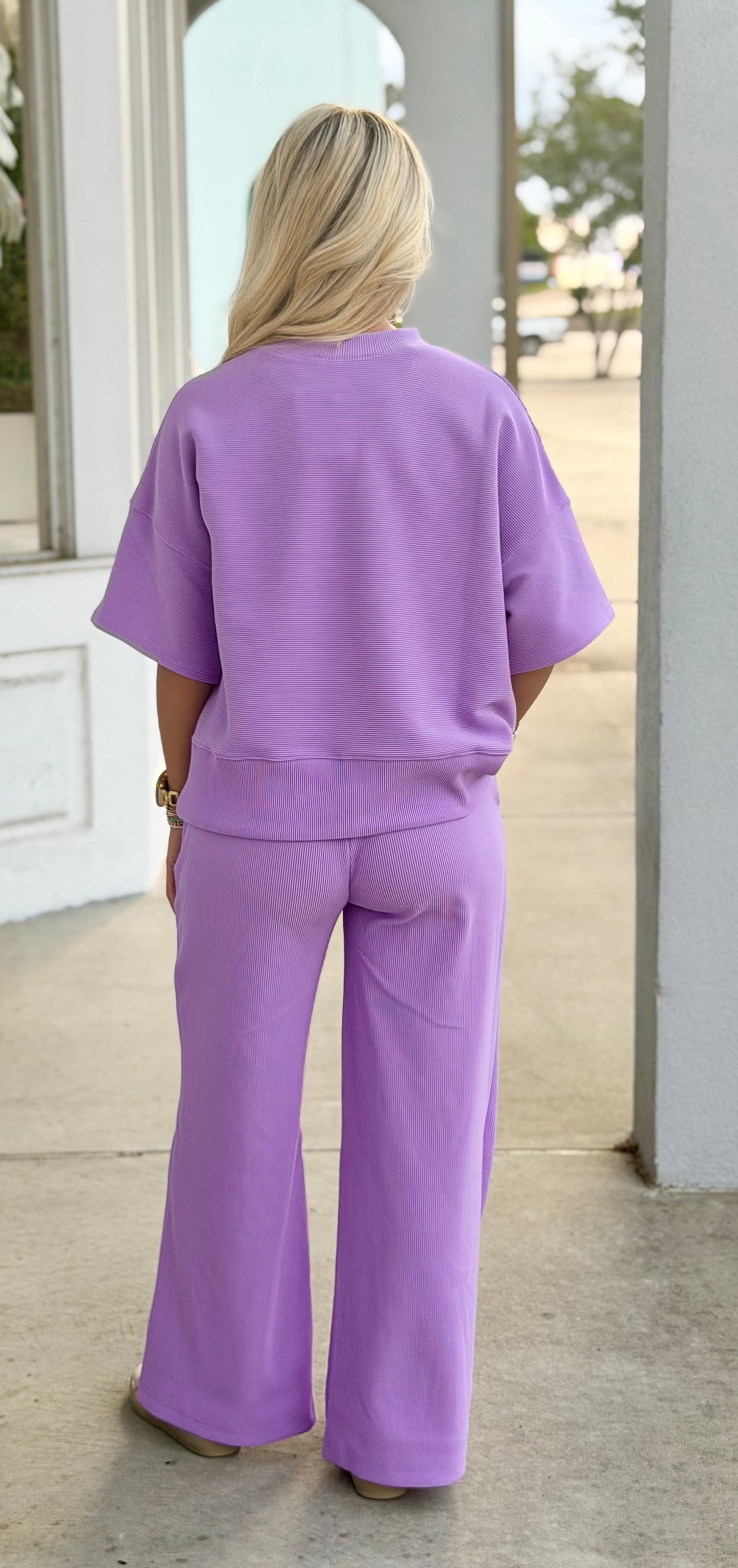 Ribbed Round Neck Tee and Pant SET, B Lavender