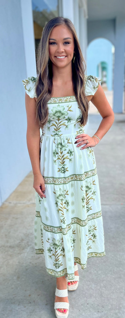 Light Olive Multi Abstract Floral Midi Dress