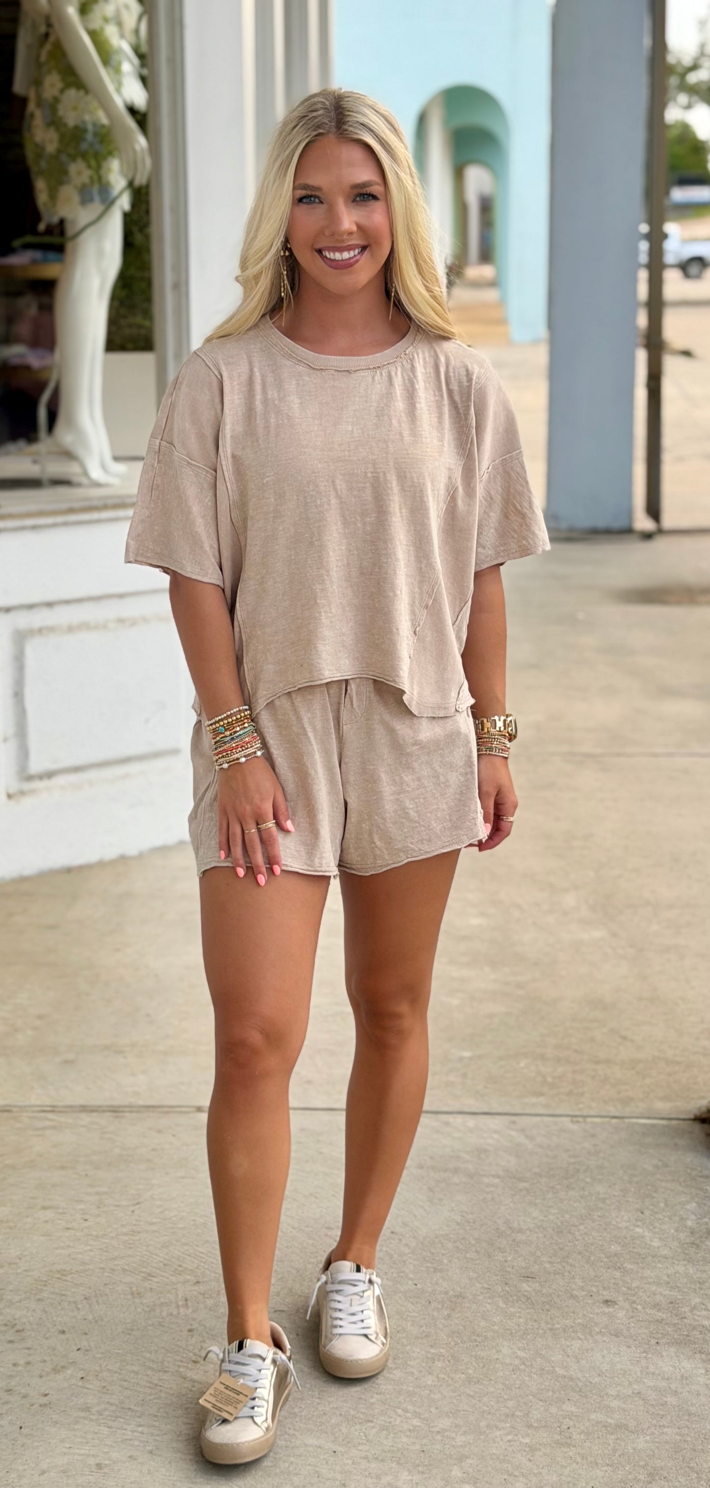 Taupe Mineral Washed Two Piece Short SET