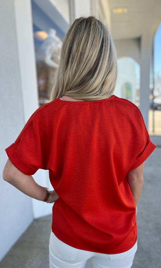 Red V Neck Short Sleeve Top