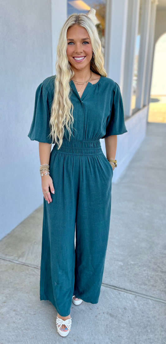 Slate Green Smocked Waist Jumpsuit