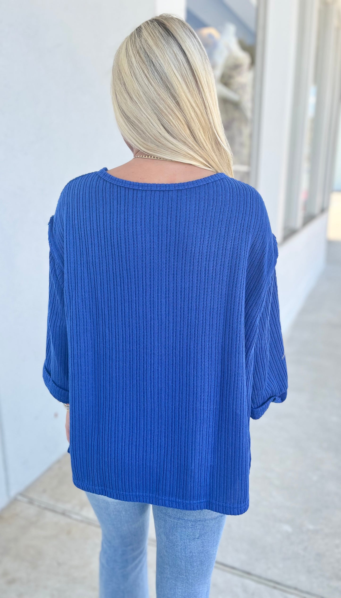 Folded Sleeve Knit Top , Royal Blue