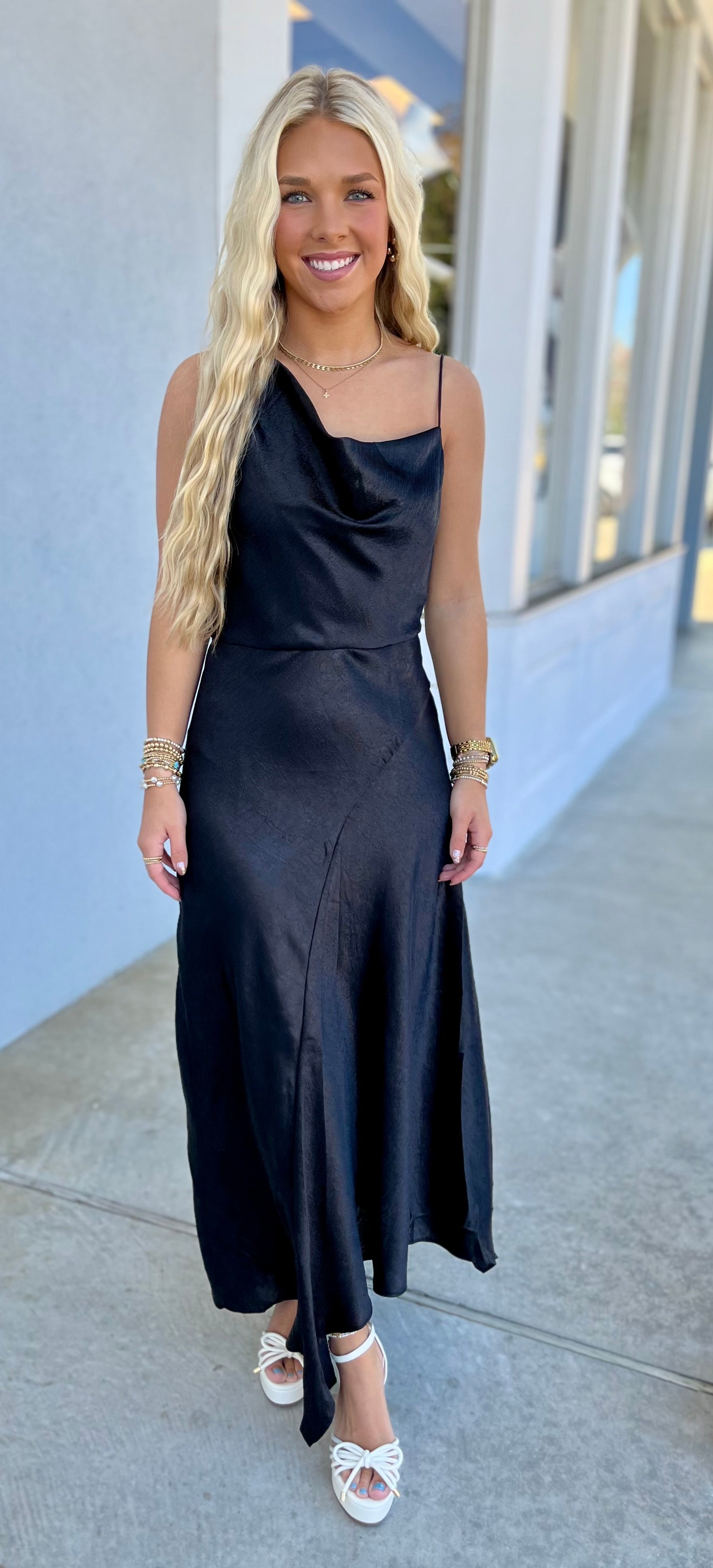 cowl neck metal dress Metallic Draped Cowl Neck Midi Dress, Black – Three Sisters Boutique