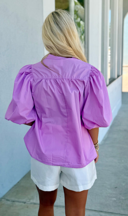 Pink V Neck Bubble Sleeve Poplin Top