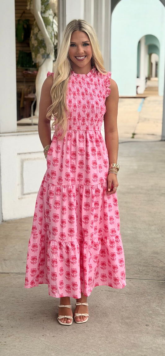 Smocked Bodice Floral Tiered Midi Dress