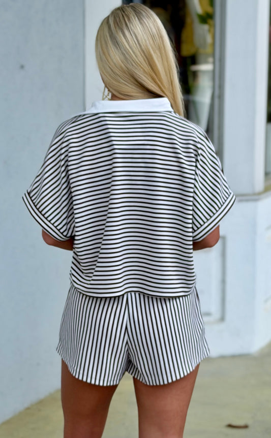 Striped Collared Top & Shorts SET, Brown