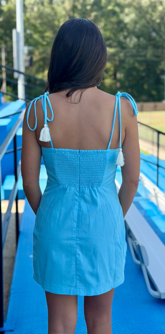 Cord Trim Mini Dress With Tassel Straps, Powder Blue