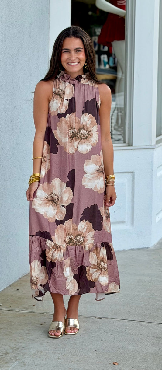Mauve Floral Midi Dress Neck Tie Dress