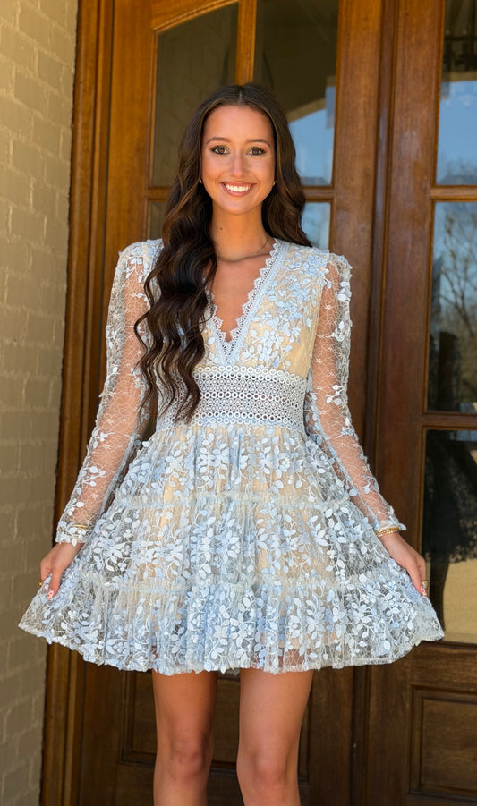 Powder Blue Deep V Neck Lace Tiered Dress