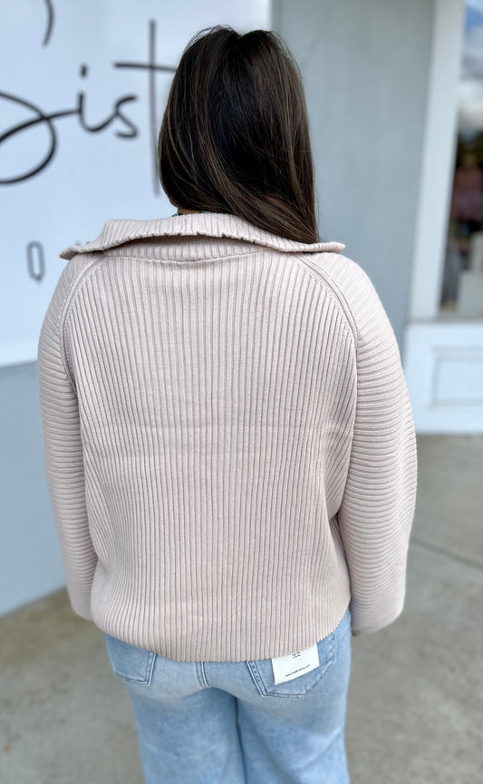 Beige Front Zip Mock Neck Sweater