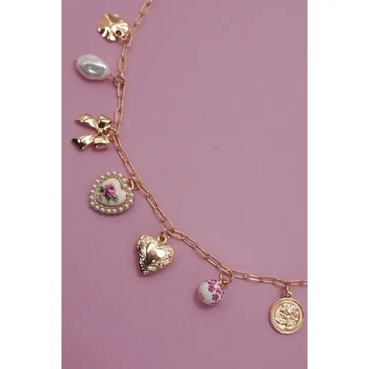 Ceramic Porcelain Bow Heart Charm Necklace