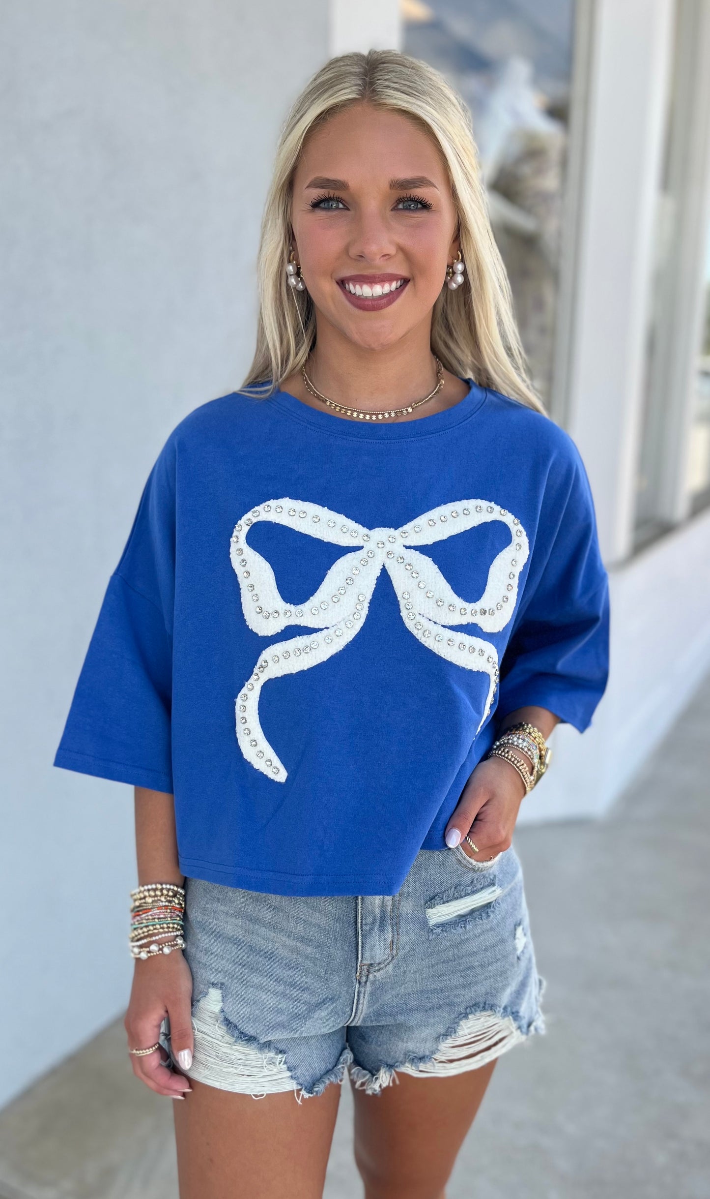 Rhinestone Studded Bow Cotton Tee, Royal