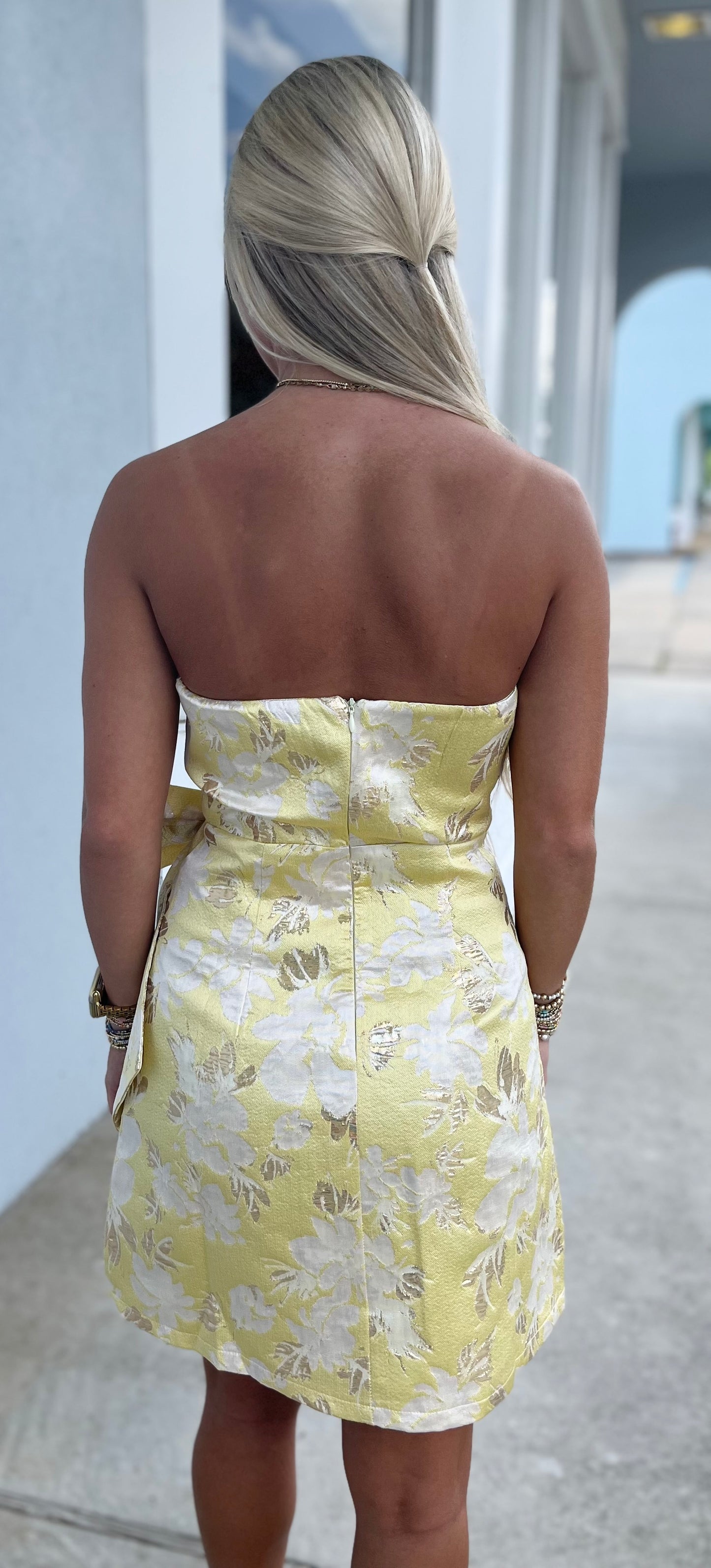 Yellow/Gold Bold Bow Tube Floral Dress