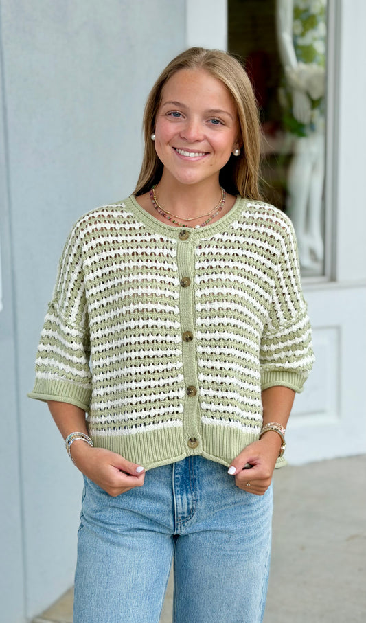 Light Olive Stripe Crochet Knit Cardigan