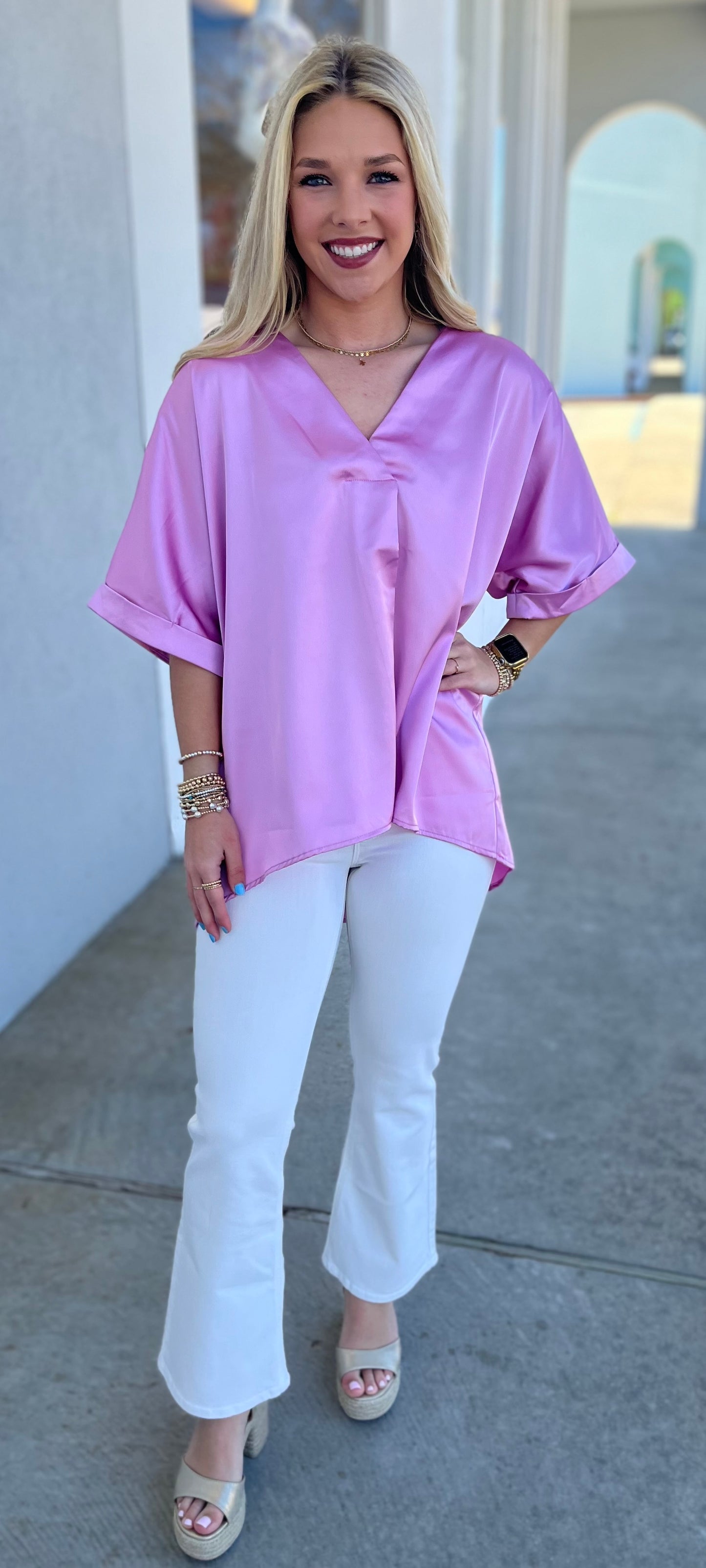 Pink V Neck Cuff Sleeve Top