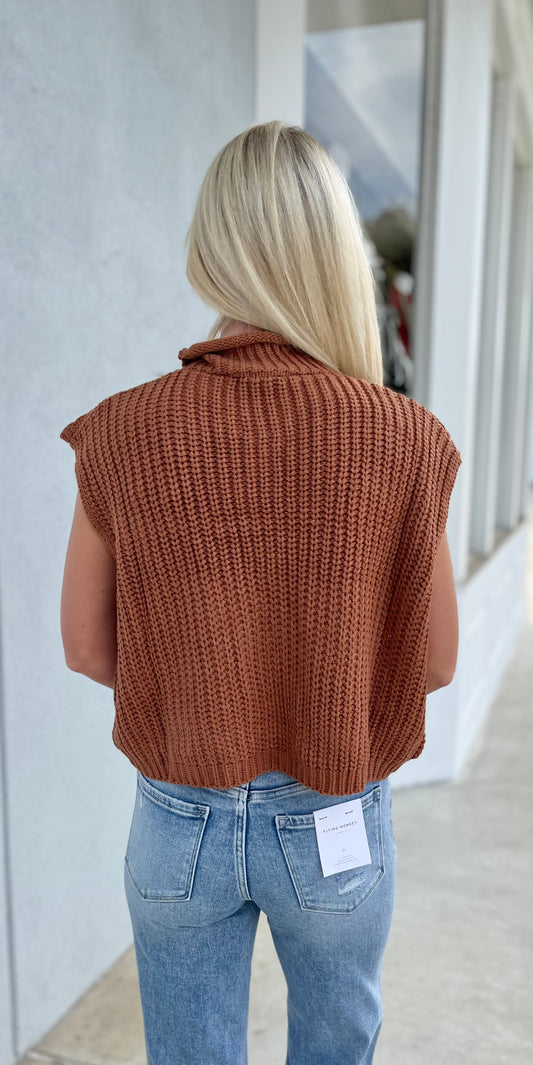 Caramel Sleeveless Mock Neck Cable Sweater