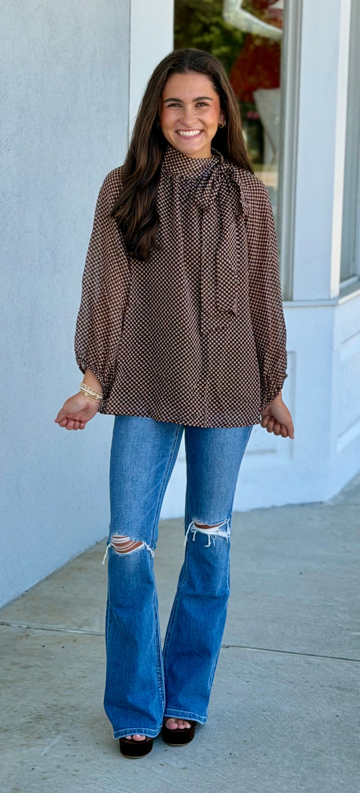 Brown Dot Print Tie Neck Long Sleeve Blouse