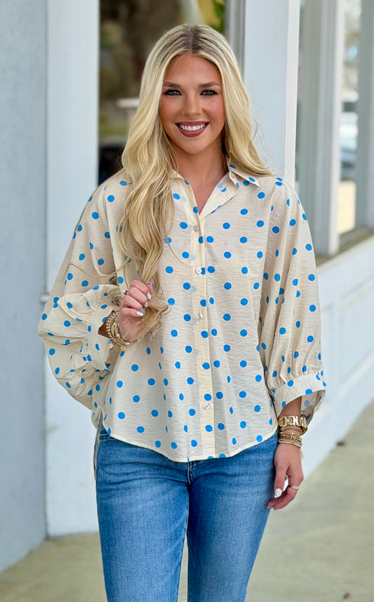 Polka Dot Button Down Top, Cream