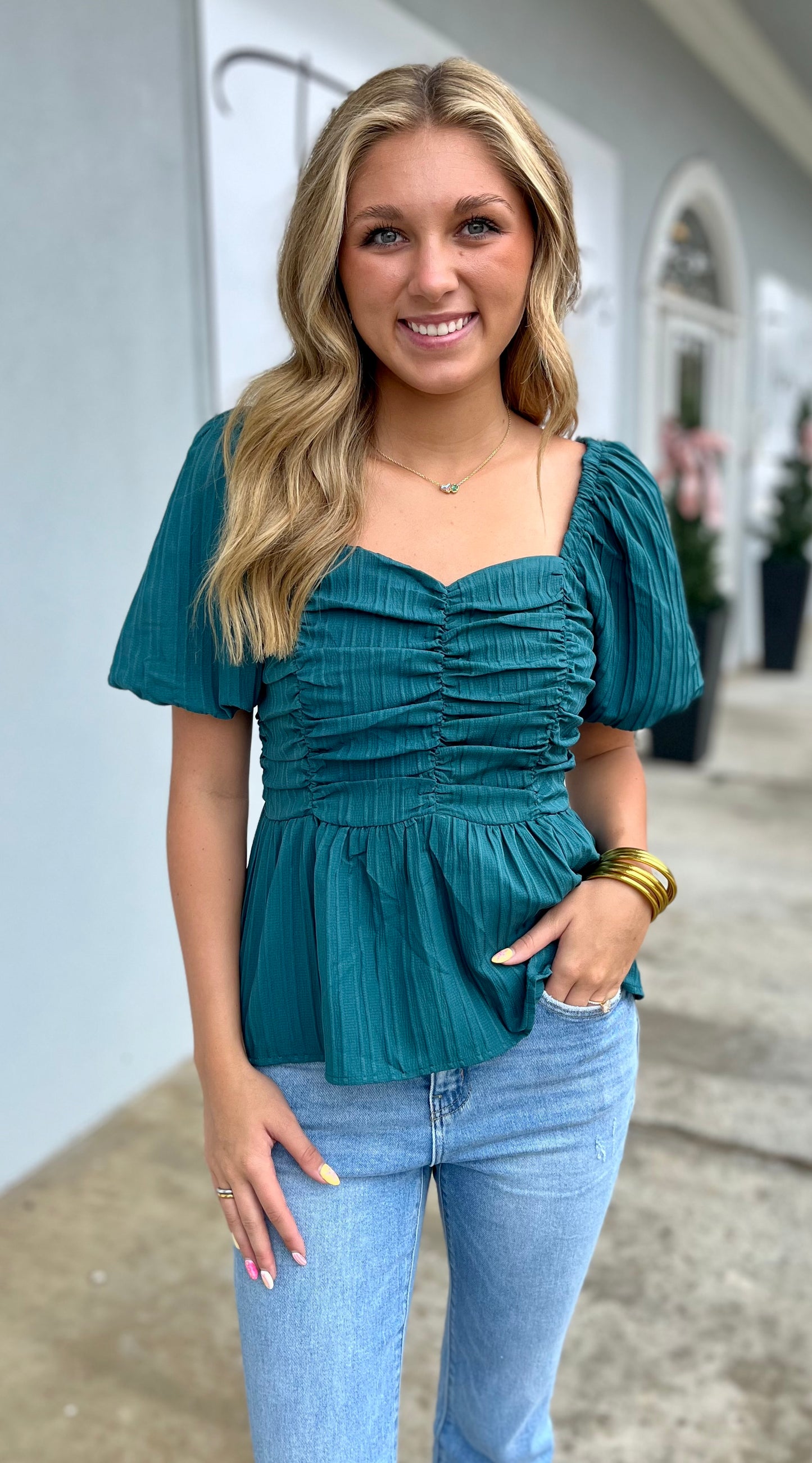 Teal Textured Sweetheart Neckline Puff Sleeve Top