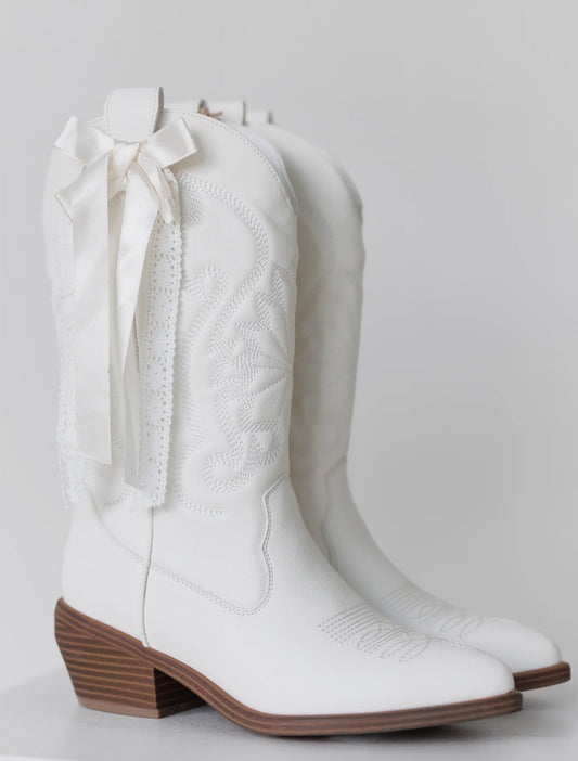 White Lucilla Cowgirl Boot w/Ribbon