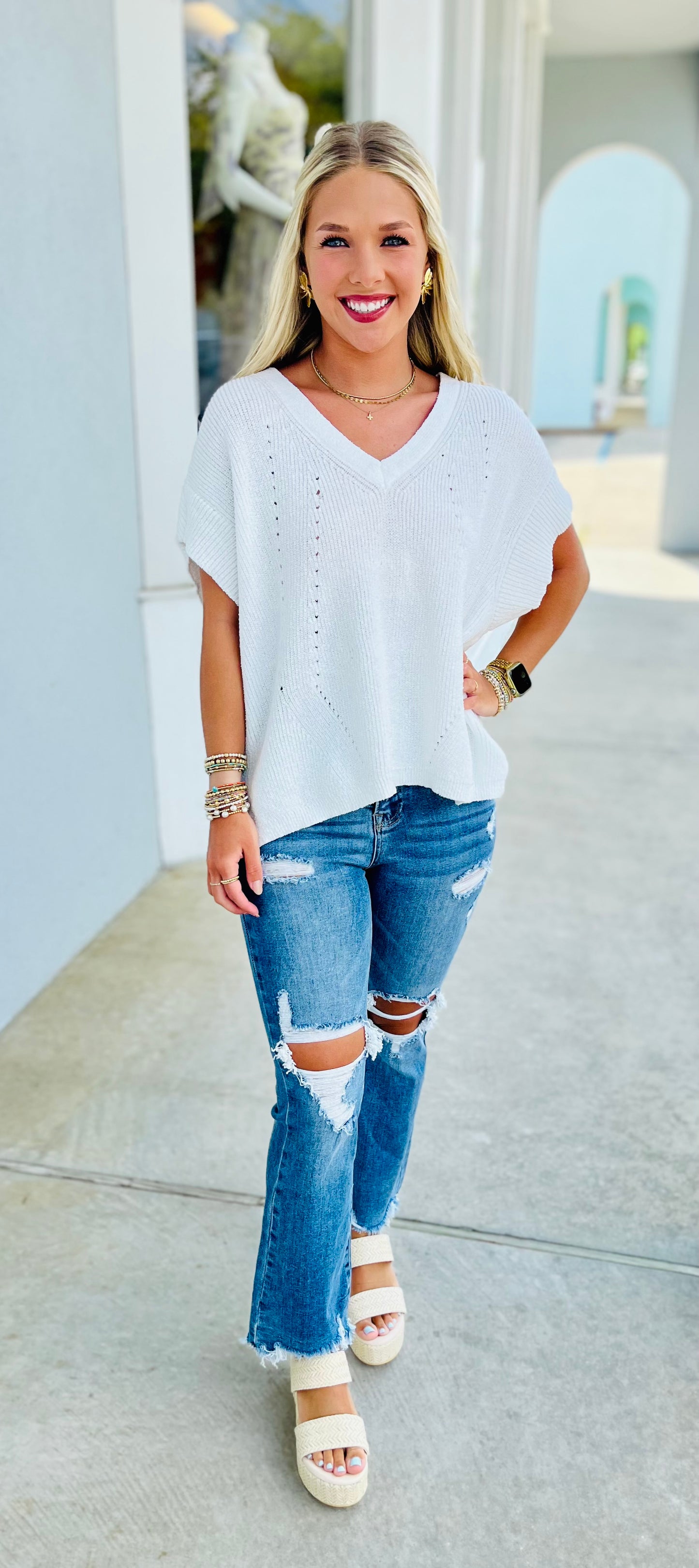 V-Neck Lightweight Sweater with Side Slit, Off White