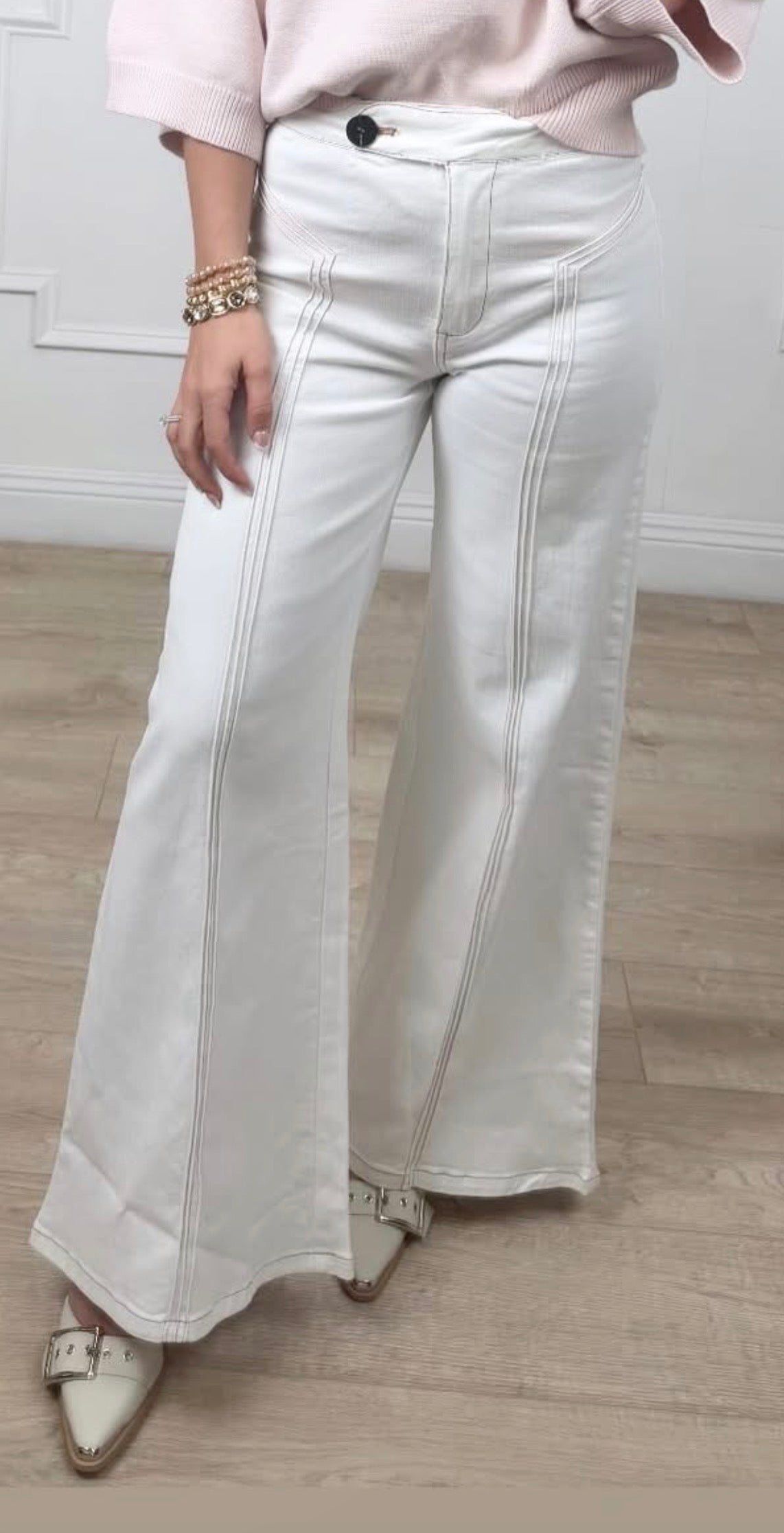 Cream Contrast High Waisted Flare Pants