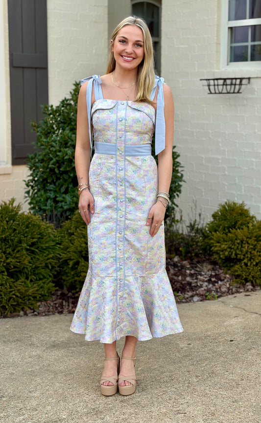 Lt Blue Bow Tied Shoulder Button Up Midi Dress