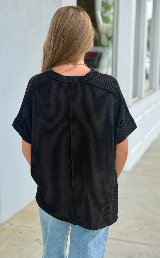 Raised Rib Cuff Sleeve Round Neck Tee, Black