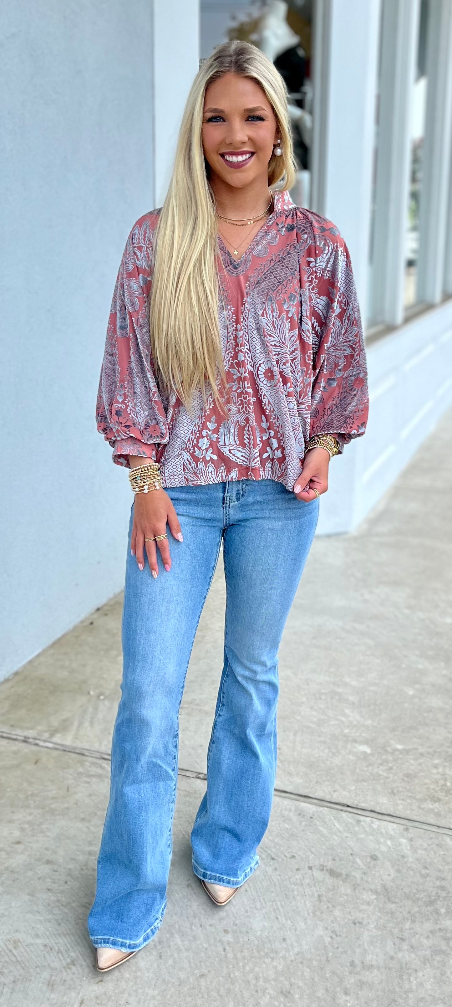 Velvet Printed Top , Dusty Rose