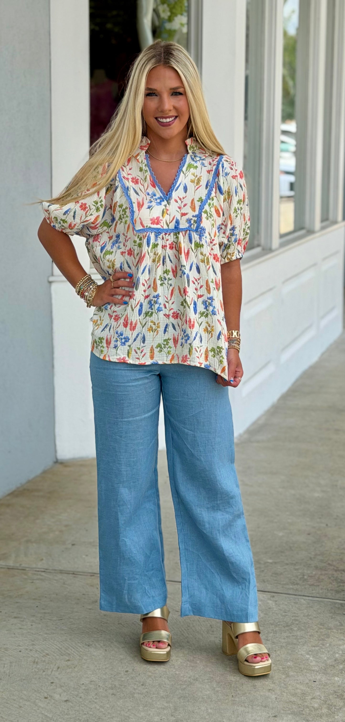 Multi Watercolor Floral Lace Trim Top