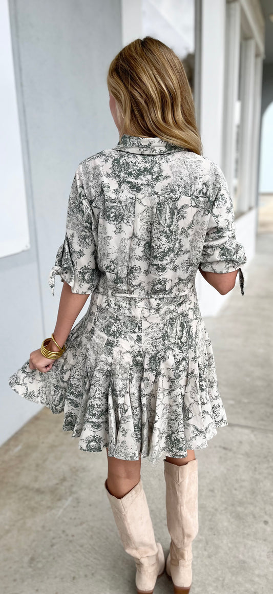 Forest Green Abstract Print Collared Dress