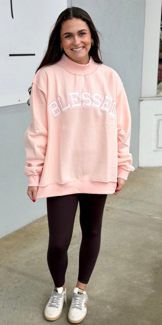 Baby Pink Embroidered Blessed Mock Neck Sweatshirt